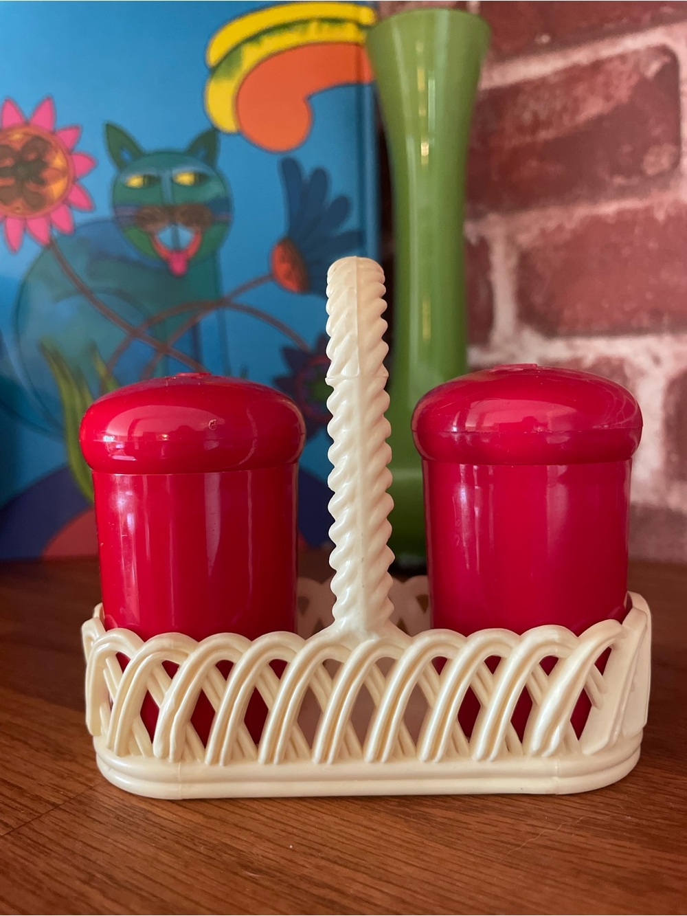 Vintage 1970s Plastic Red Salt & Pepper Shakers in Basket Caddy